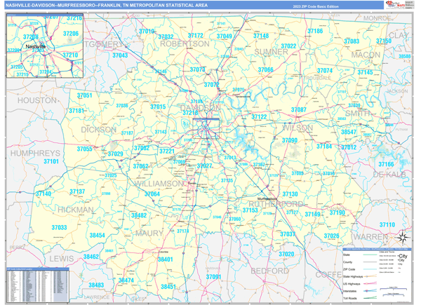 Nashville-Davidson-Murfreesboro-Franklin Metro Area Wall Map Basic Style